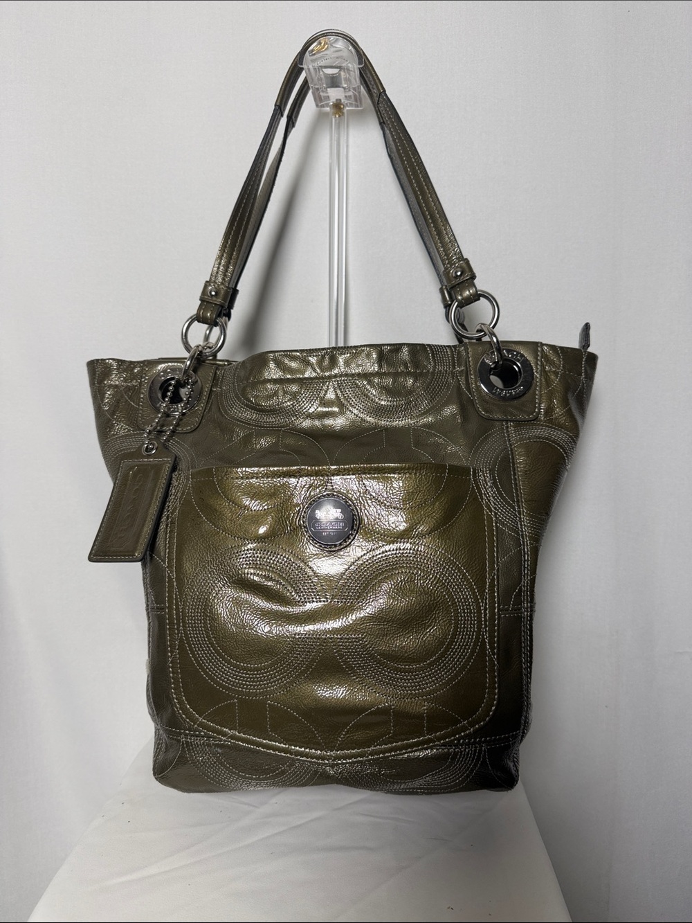 Coach Alex Signature Stitched Patent Leather Tote Olive Green / Pewter 14265